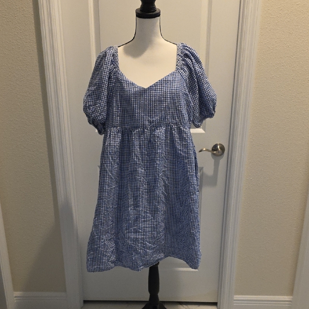 Old Navy Blue Checkered Puff Sleeve Mini Dress